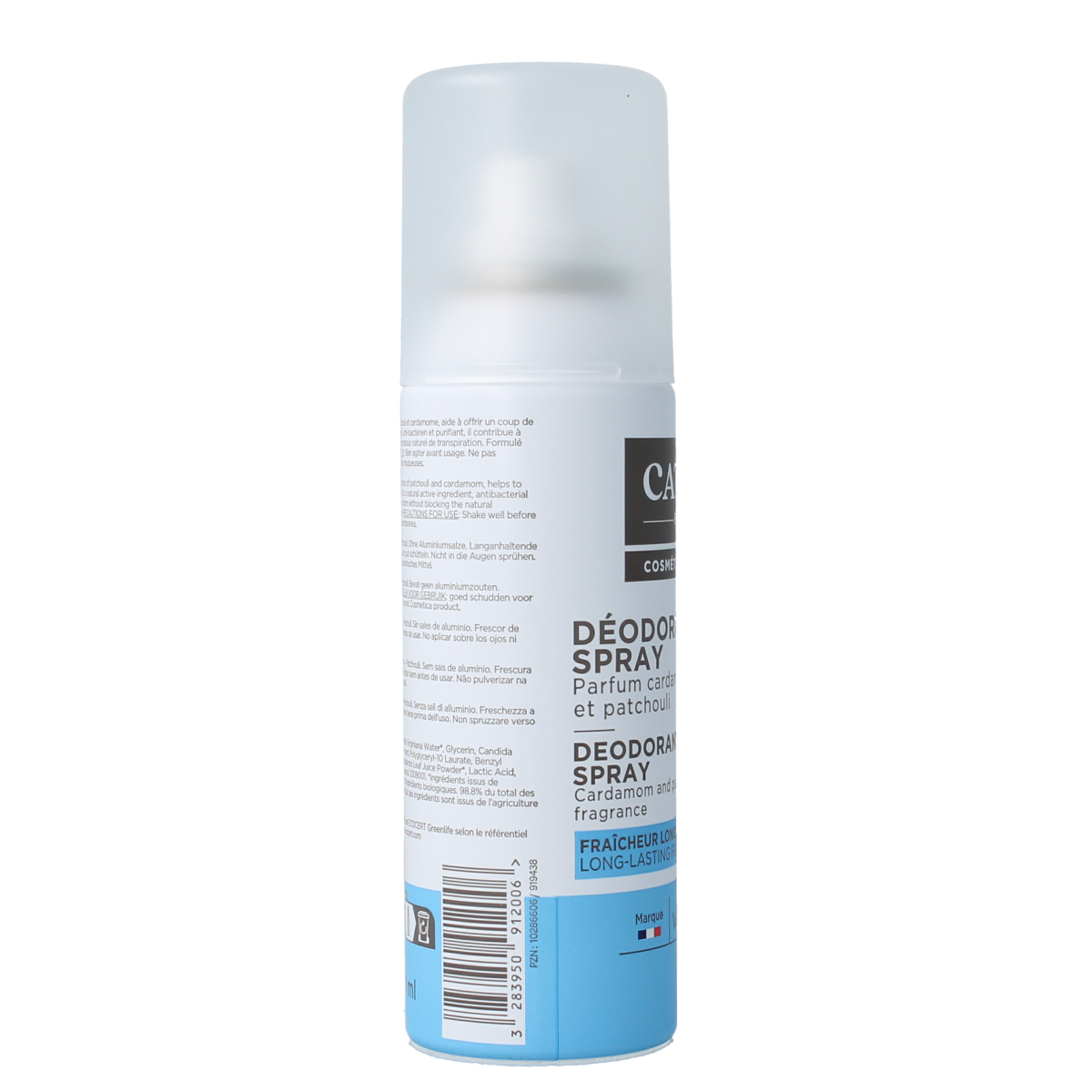 Cattier deodorant spray bottle with cardamom and patchouli scent, 100ml, featuring a sleek packaging design.