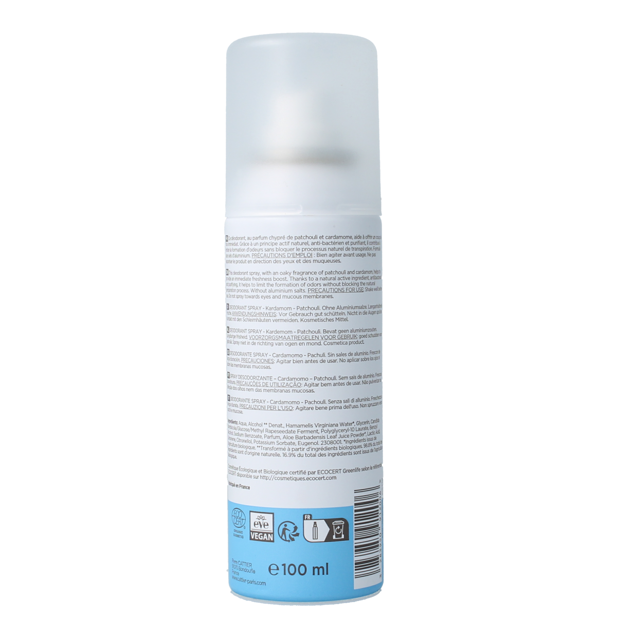 Cattier deodorant spray with cardamom and patchouli scent, 100ml bottle, natural skincare deodorant for freshness and odor control.
