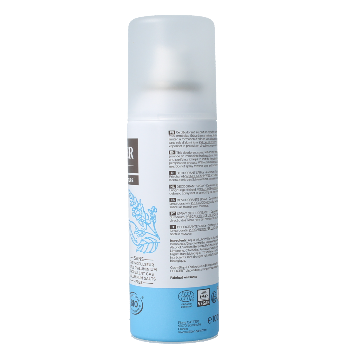 Cattier deodorant spray with cardamom and patchouli, 100ml, showing the spray bottle with botanical design and product label.