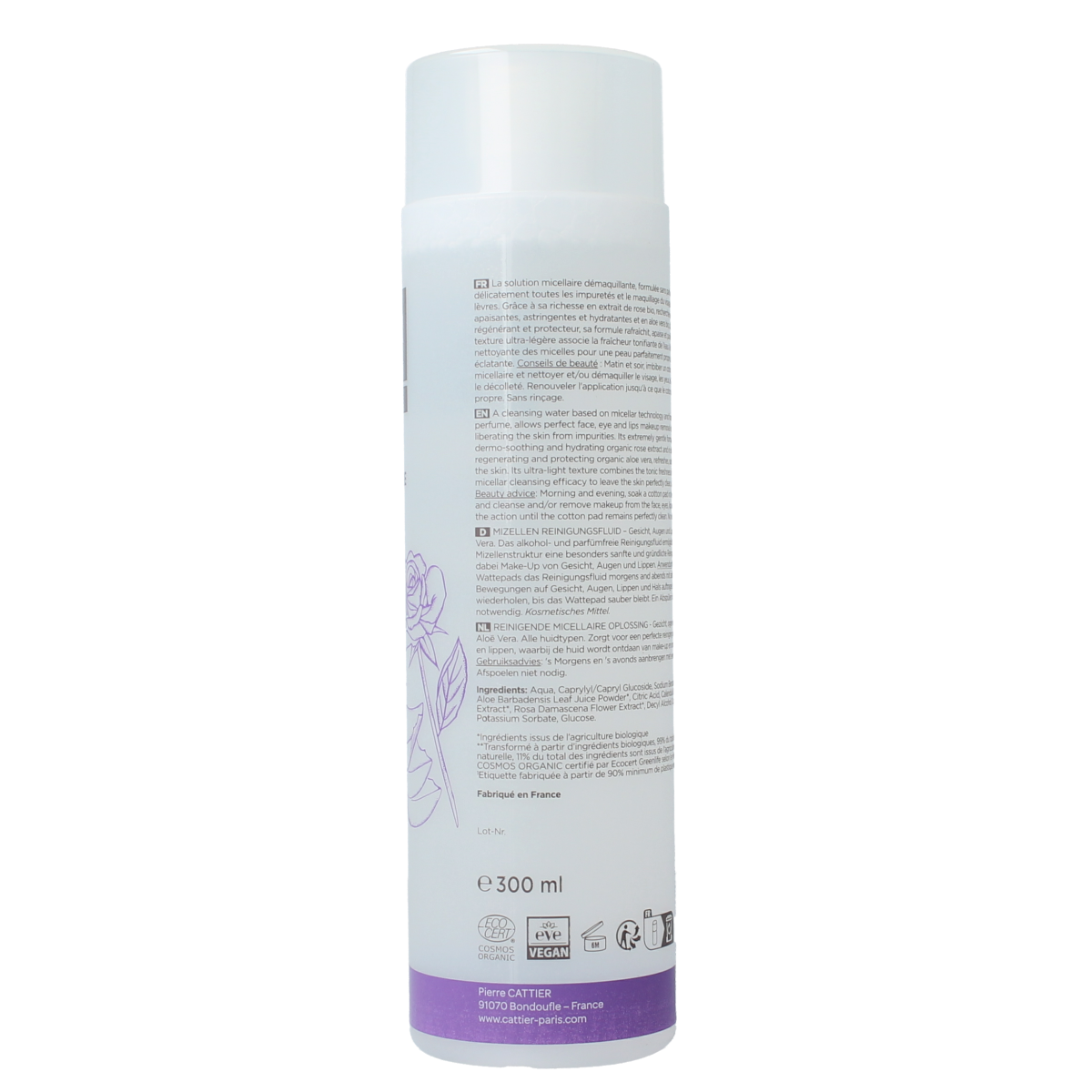 Cattier Perle d'eau cleansing solution in a 300ml bottle, facial skincare product with clear liquid and white cap.