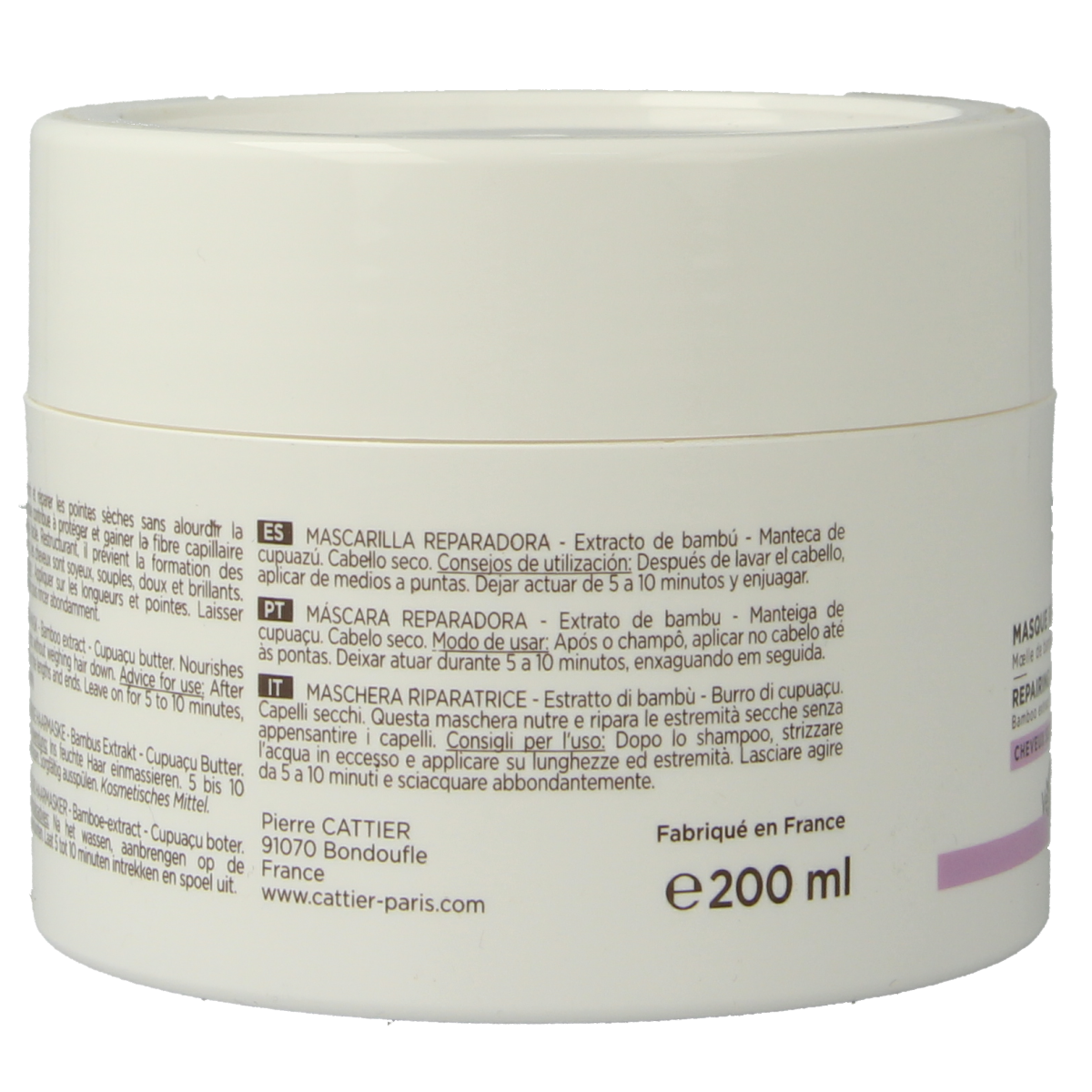 Cattier Haarverzorging haarmasker, herstellend, 200ml, with natural ingredients in a white and green container.