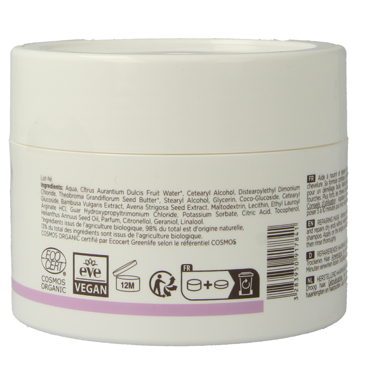 Cattier Haarmasker herstellend, 200ml, nourishing hair treatment in a white jar with a lid, for healthy hair care.
