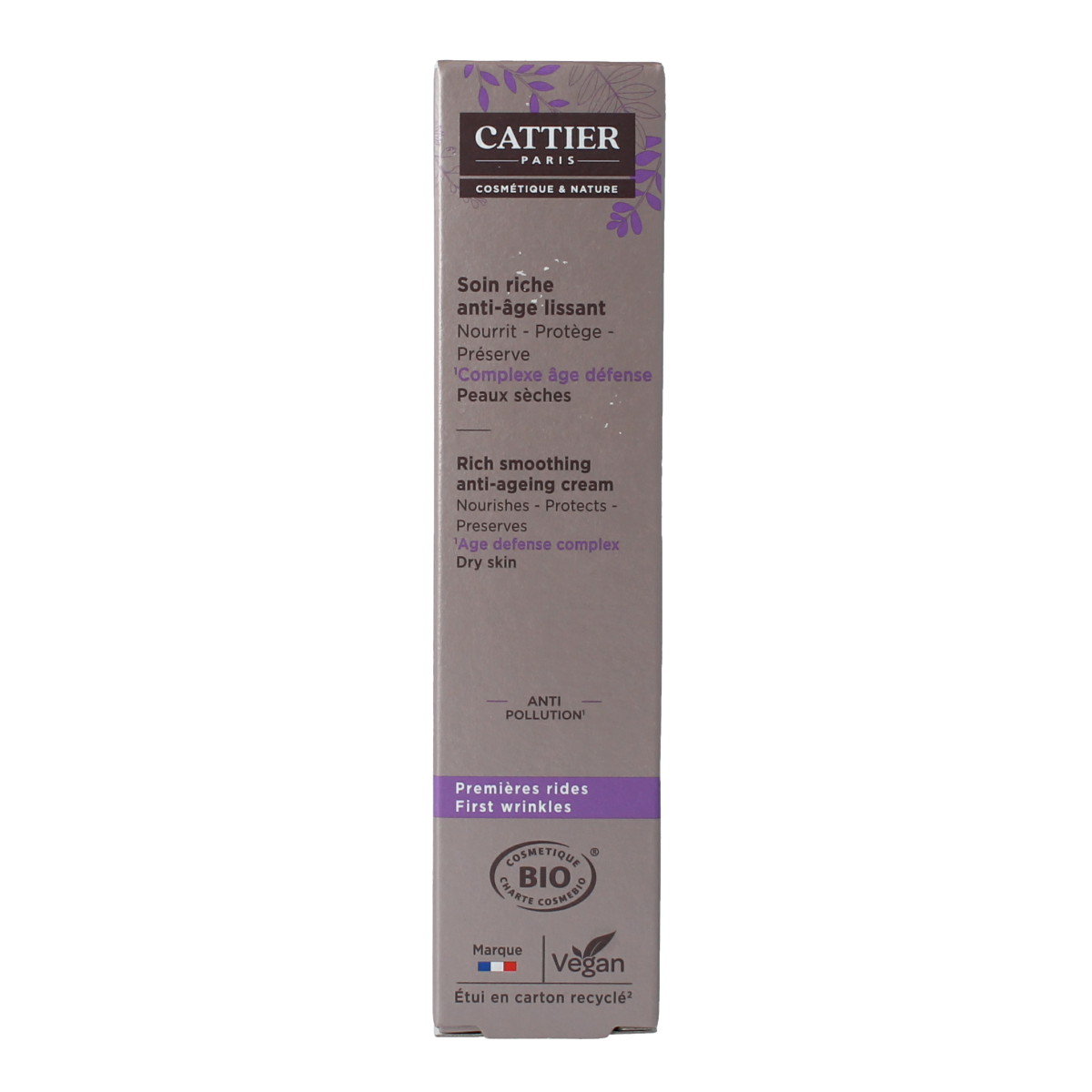 Cattier anti-rimpel gezichtsverzorging voor droge huid, 50 ml, met natuurlijke ingrediënten, in een witte tube op een witte achtergrond.