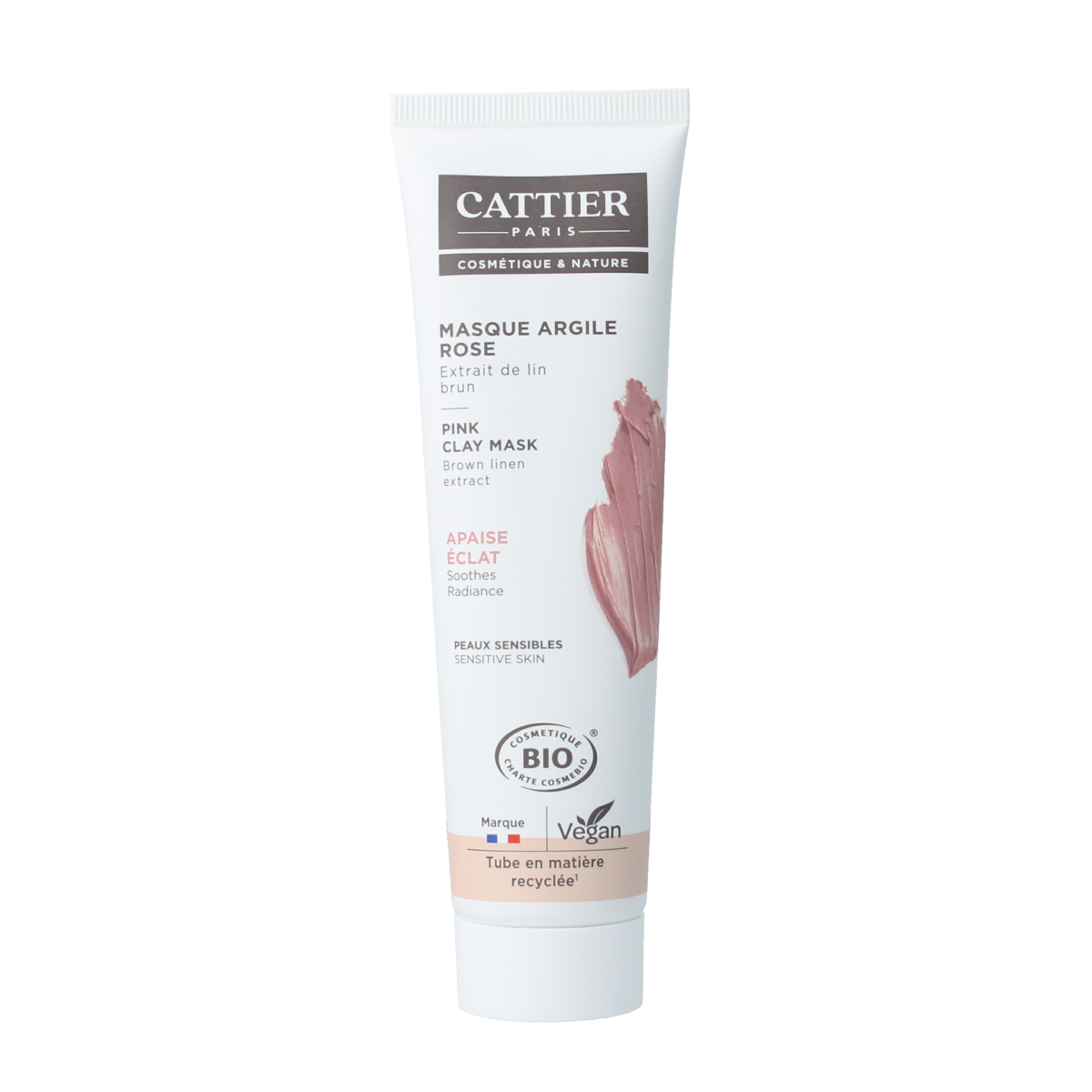 Cattier Roze Klei Masker Aloe, gezichtsverzorgingsproduct in 100ml, with pink clay and aloe vera visible in the tube.