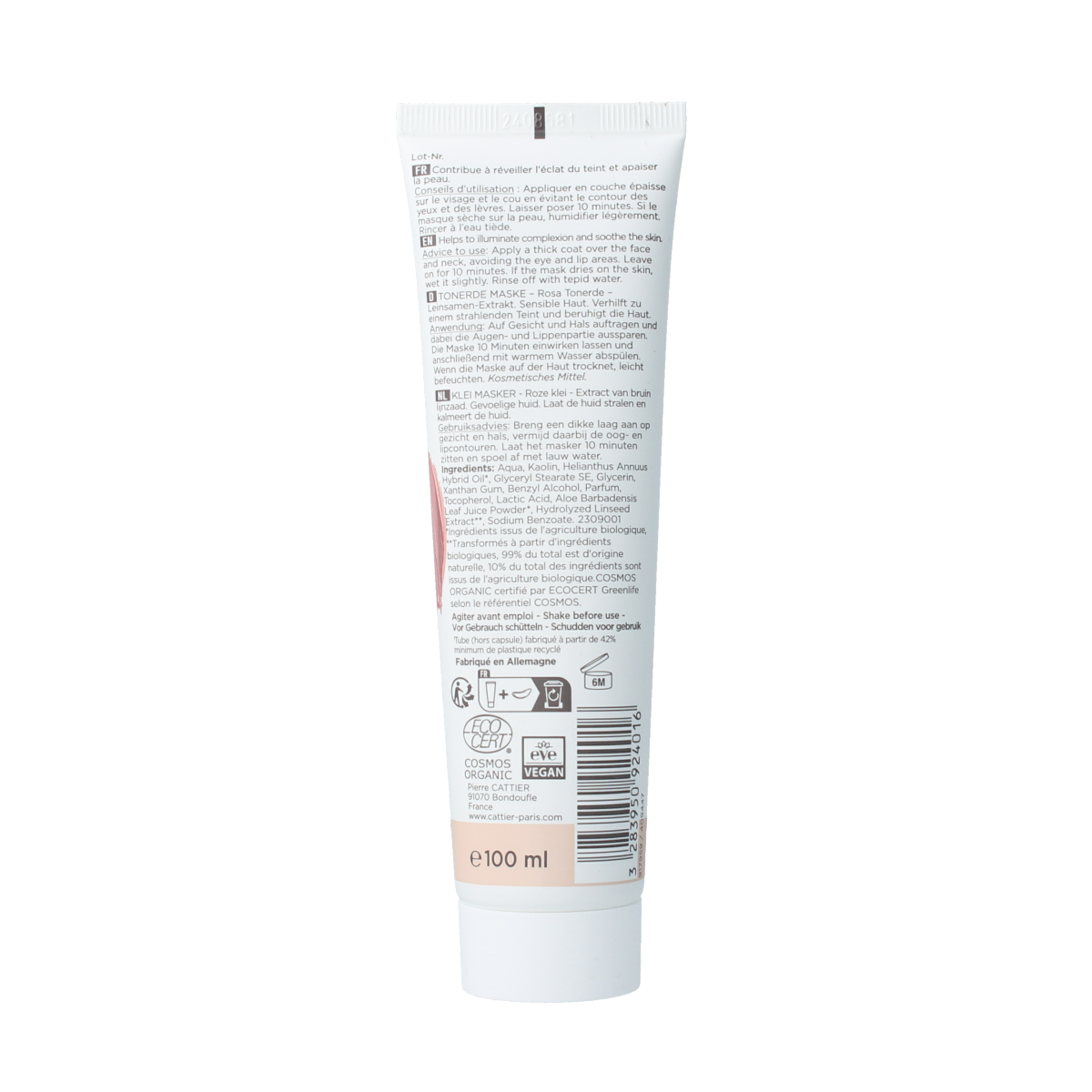 Cattier Roze klei masker with aloe vera in a 100ml jar, suitable for facial skincare and deep cleansing.