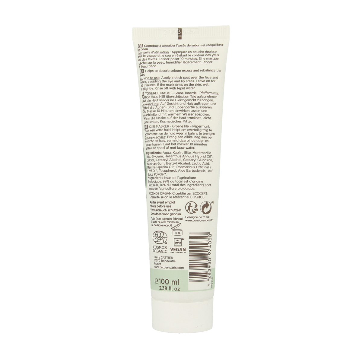 Cattier Groene Klei Masker munt voor gezicht, 100ml, natuurlijke gezichtsverzorging met groene klei en muntextract.