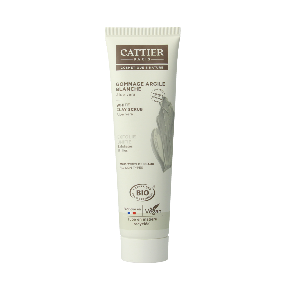 Cattier Witte Klei Peeling facial treatment in a 100ml tube, natural skincare product for gentle exfoliation and skin renewal.
