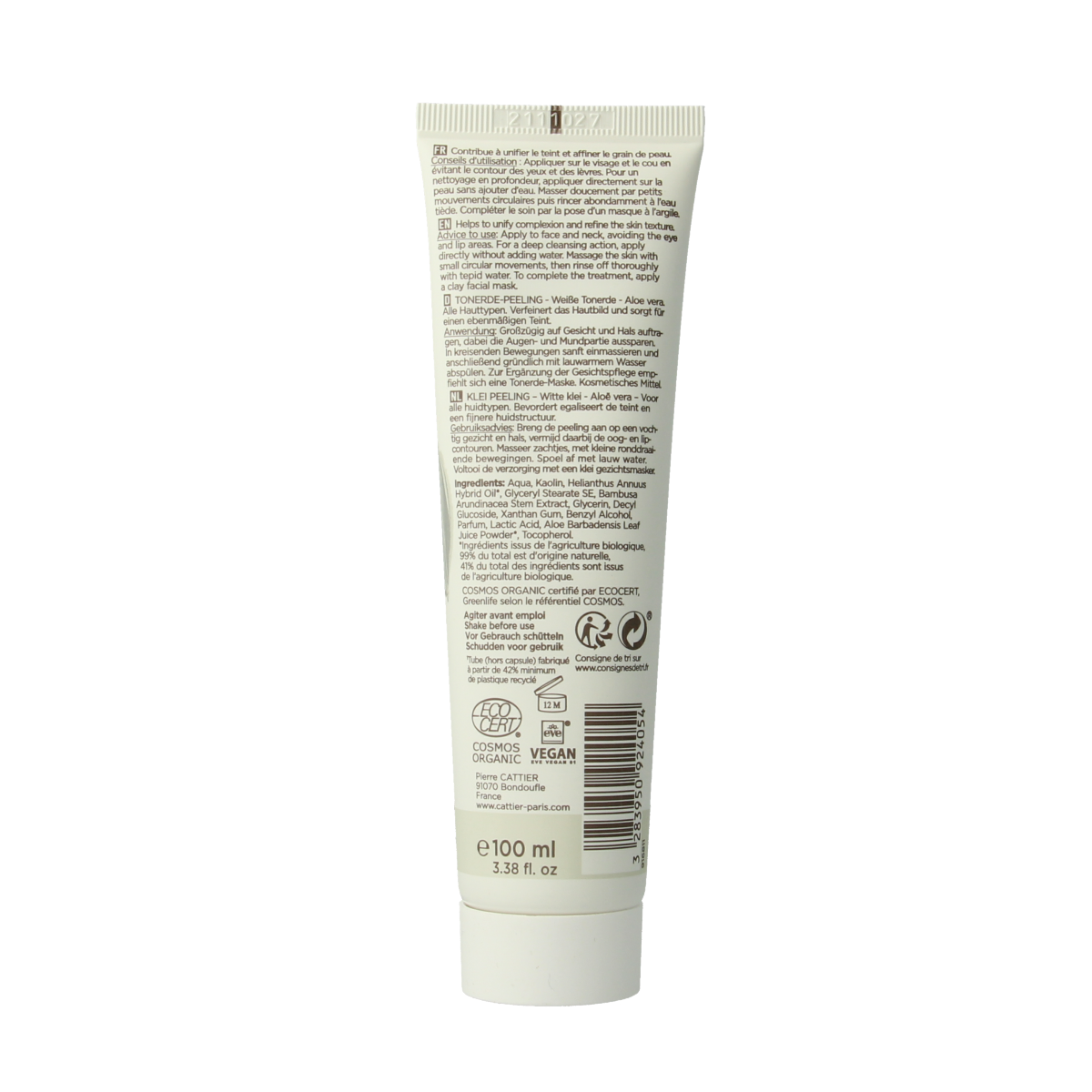Cattier Witte Klei Peeling in 100ml tube, facial skincare product with white clay for gentle exfoliation and skin purification.