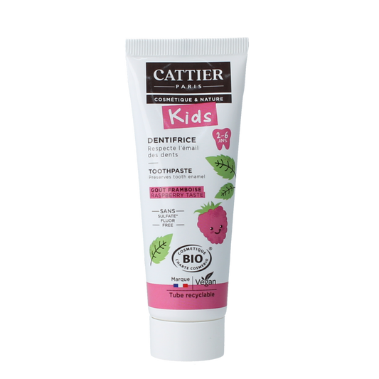 Cattier raspberry toothpaste for children aged 2-6, 50ml, showing the tube with raspberry imagery and child-friendly packaging.