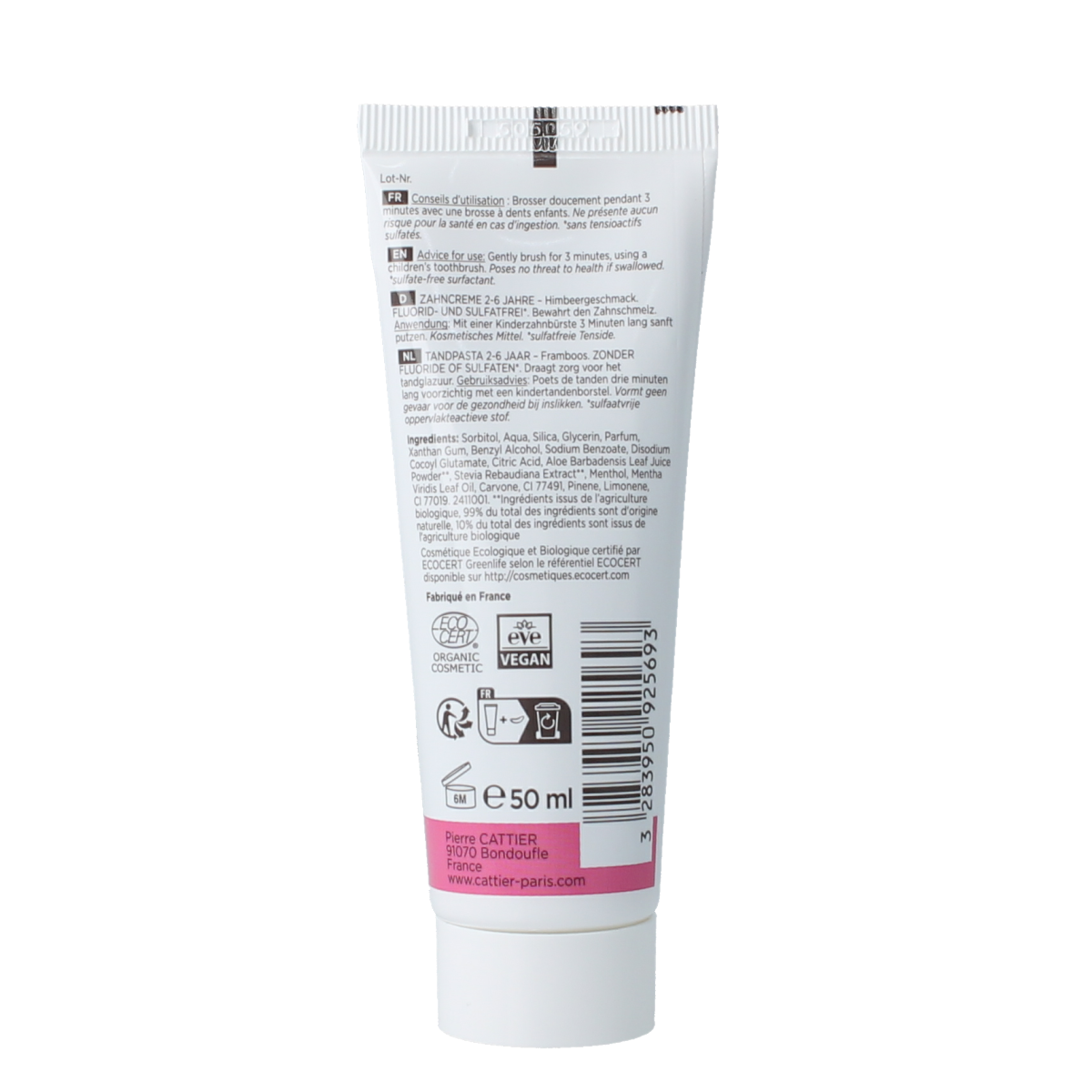 Cattier raspberry toothpaste for children aged 2-6, 50ml tube with a playful raspberry design on the packaging.