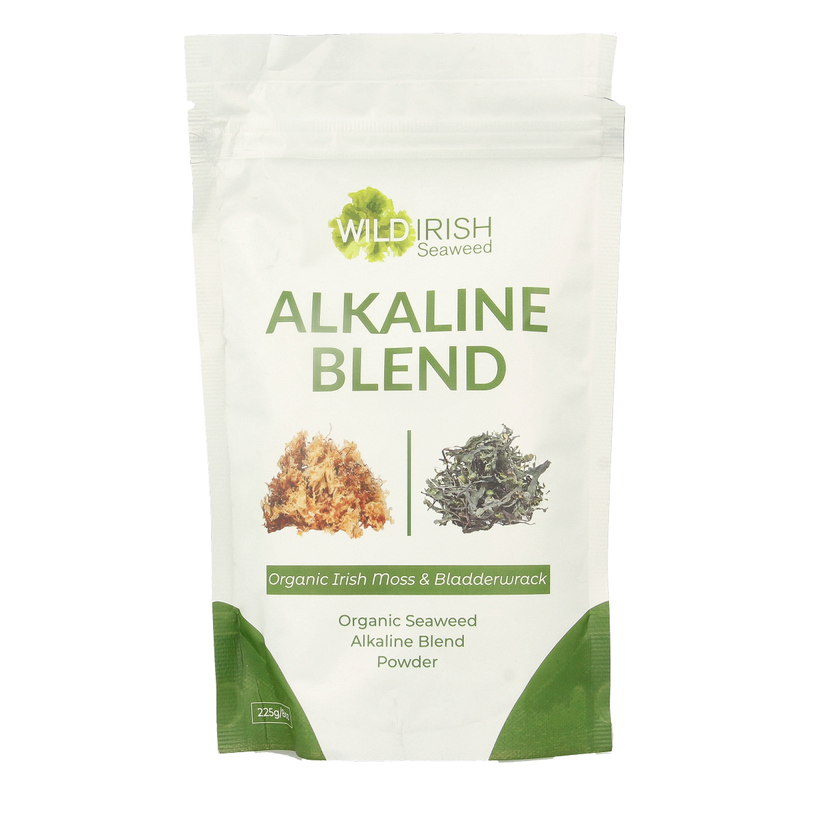 Wild Irish alkaline zeewier powder mix in a 225g package, organic seaweed herbal supplement for health and wellness.