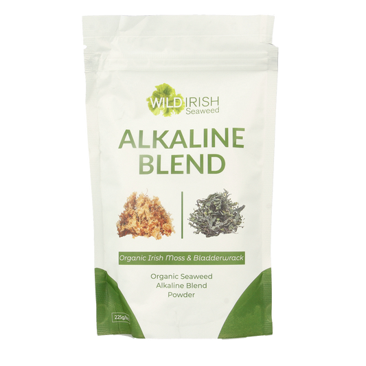 Wild Irish alkaline zeewier powder mix in a 225g package, organic seaweed herbal supplement for health and wellness.