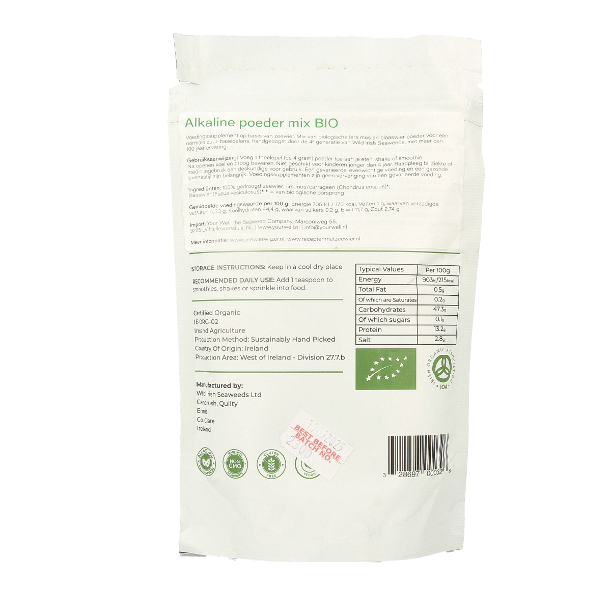 Wild Irish alkaline zeewier powder mix in 225g package, organic seaweed herbal supplement for health.