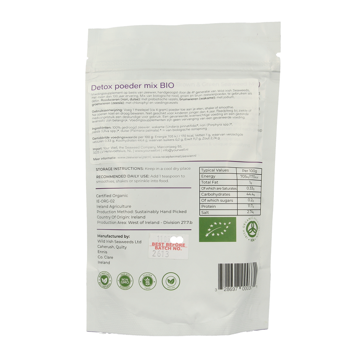 Wild Irish Detox Zeewier Poeder Mix in a 225g package, herbal supplement with dried seaweed for detox and wellness.