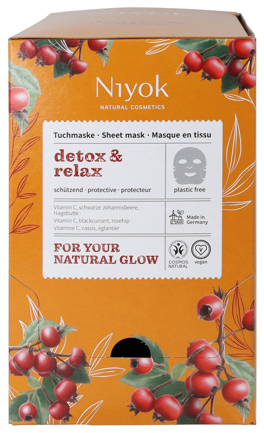 Niyok Detox & Relax sheet mask for face, 10ml, showing the box with the product name and packaging design