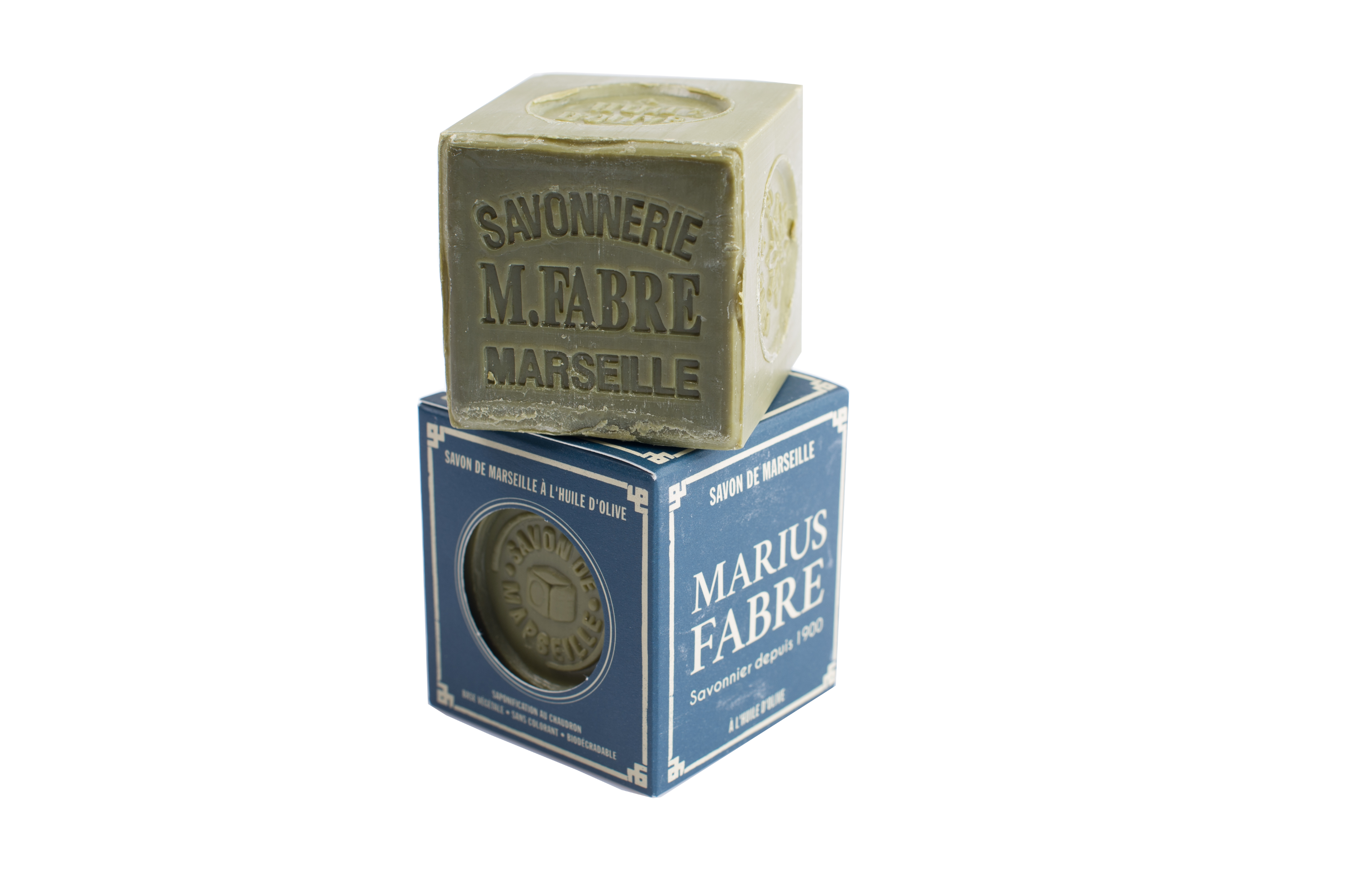 Marius Fabre Marseille soap in olive box, 200g, natural zeep with traditional French soap ingredients, shown in a box.