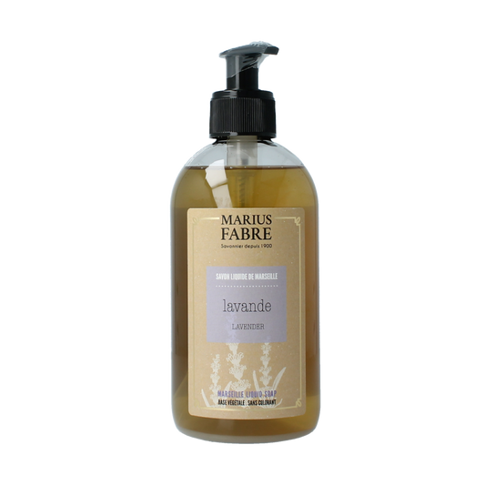 Marius Fabre lavender soap with pomp, 400ml bottle, showing a clear soap dispenser with lavender-colored liquid.
