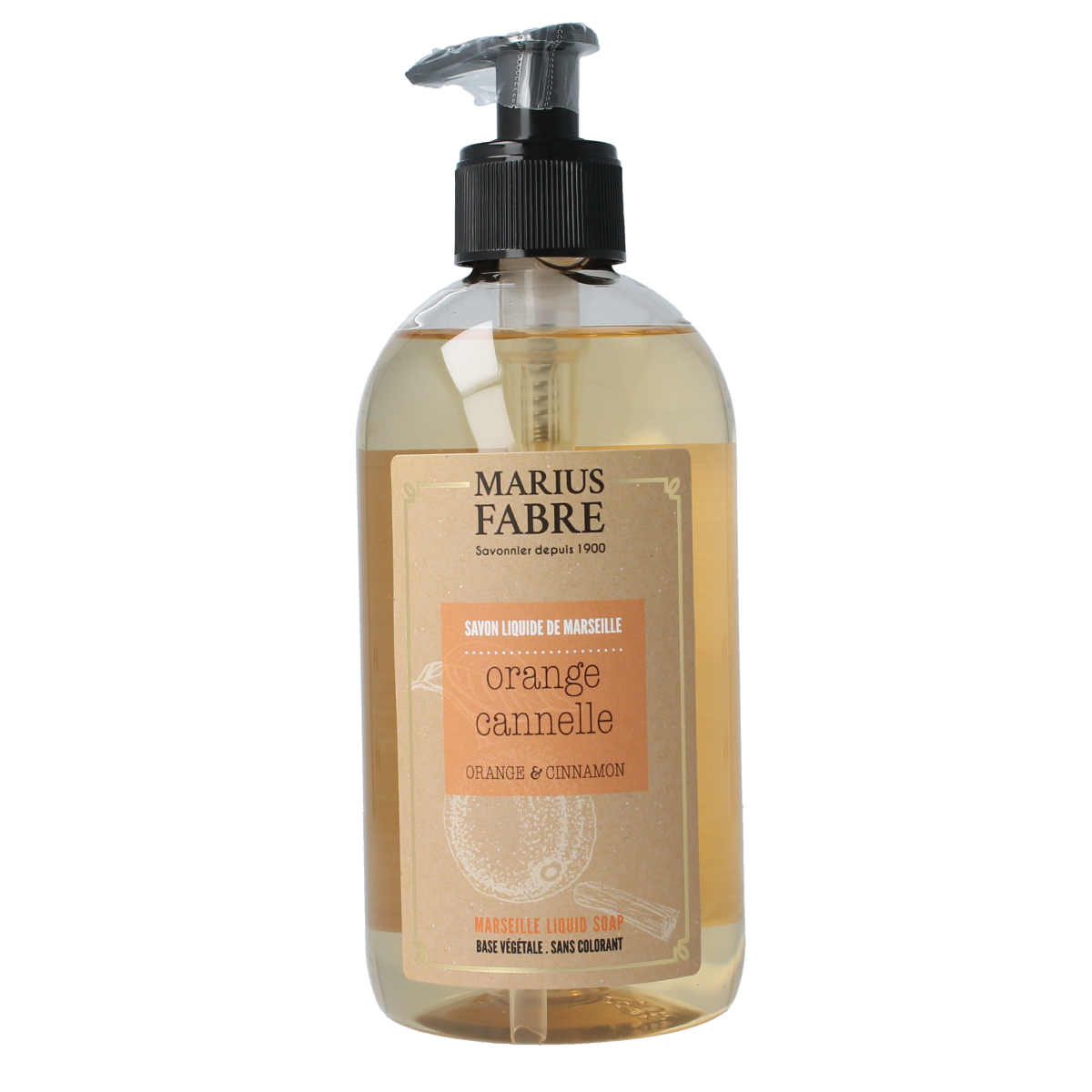 Marius Fabre orange cinnamon soap with a decorative pompom, 400ml bottle, natural citrus and spice scent.