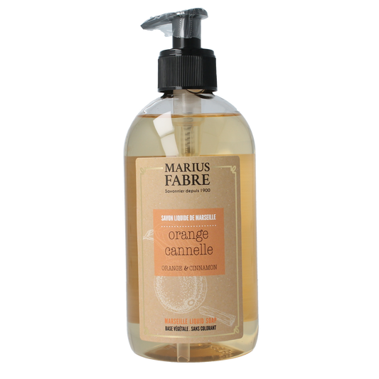 Marius Fabre orange cinnamon soap with a decorative pompom, 400ml bottle, natural citrus and spice scent.