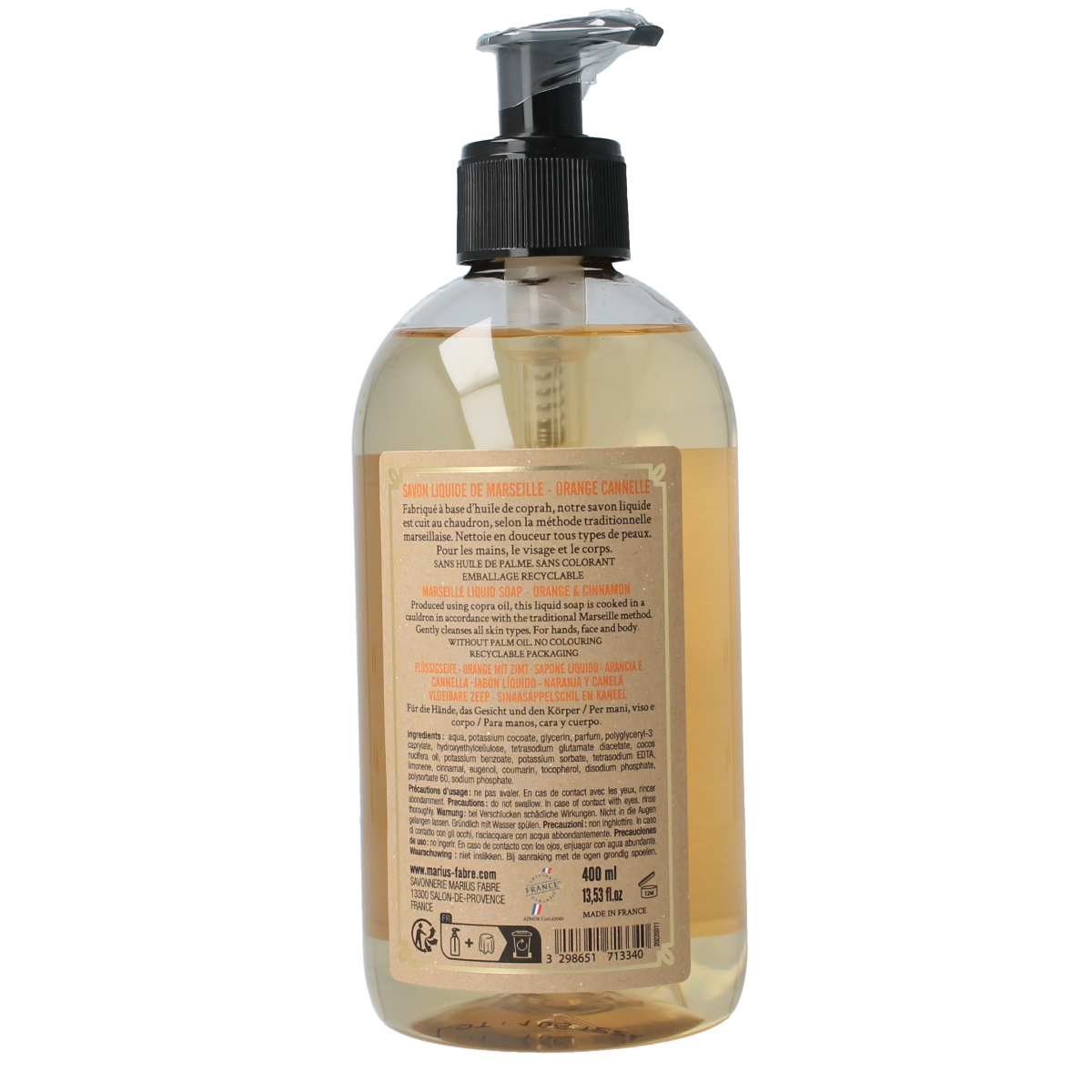 Marius Fabre orange cinnamon soap with pump, 400ml, featuring fresh orange and warm cinnamon scent in a sleek bottle.