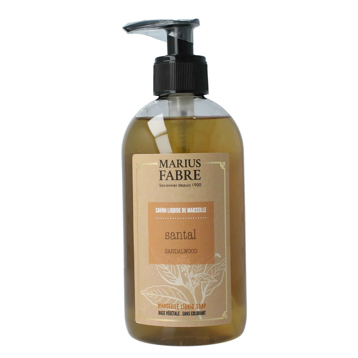 Marius Fabre Zeep sandelhout met pomp, 400ml, natural soap with sandalwood scent, in a clear pump bottle.