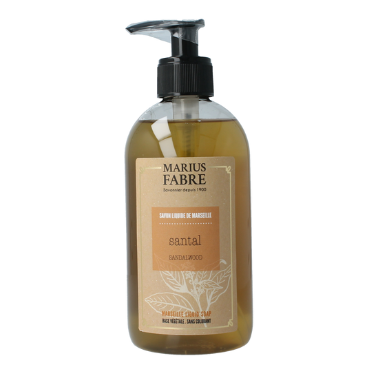 Marius Fabre Zeep sandelhout met pomp, 400ml, natural soap with sandalwood scent, in a clear pump bottle.