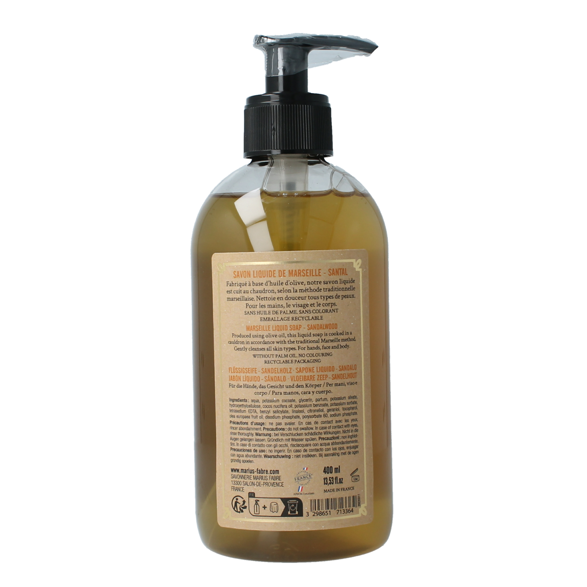 Marius Fabre Zeep sandelhout met pomp, 400ml, natural soap with sandalwood scent and elegant pump dispenser.