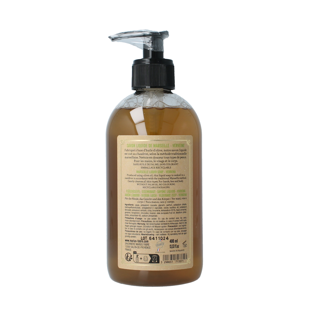 Marius Fabre Zeep Verbena with Pump, 400ml, in a clear bottle with a pump dispenser, showcasing fresh verbena scent.