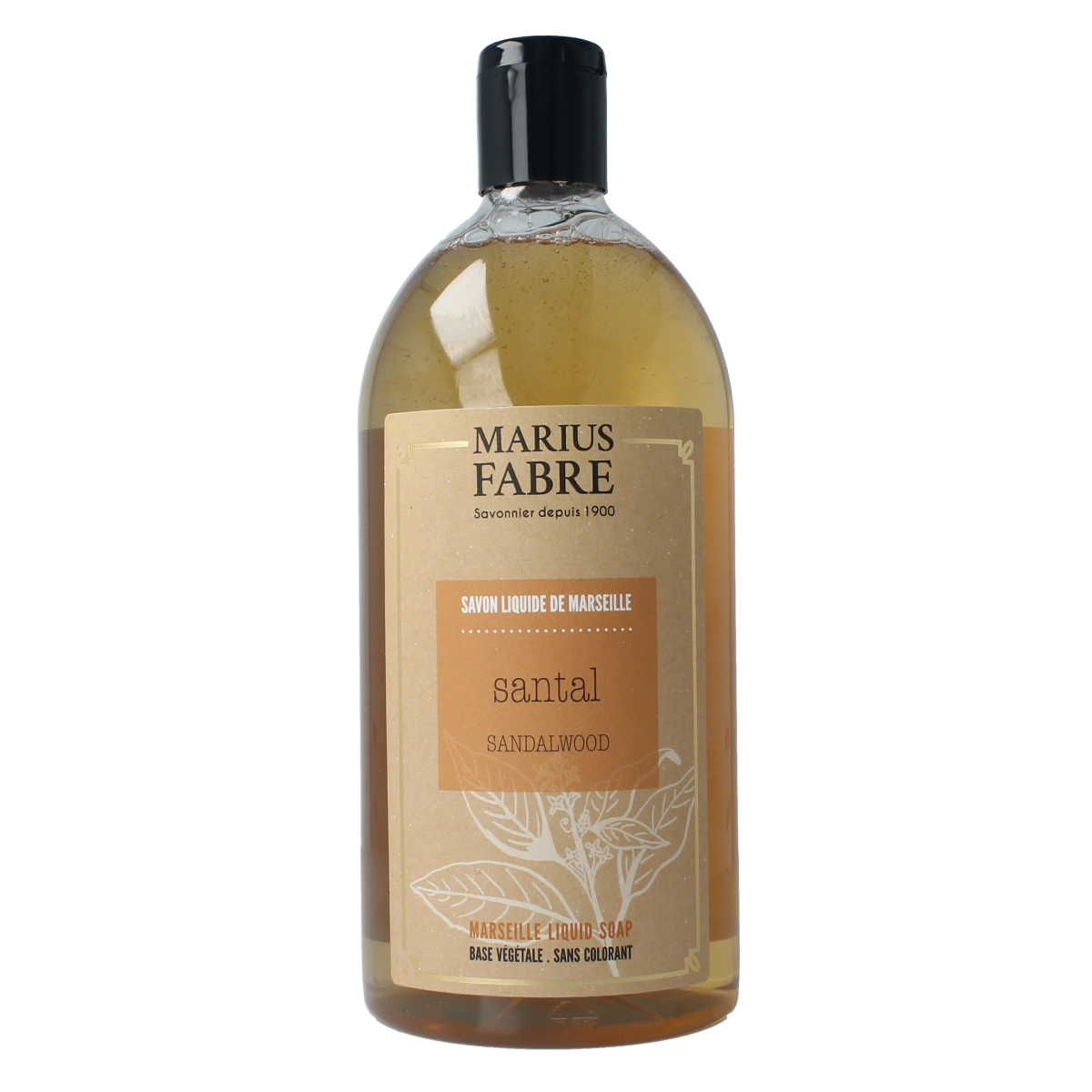 Marius Fabre Zeep sandelhout navulling 1 liter bottle showing the soap refill packaging with natural sandalwood scent.