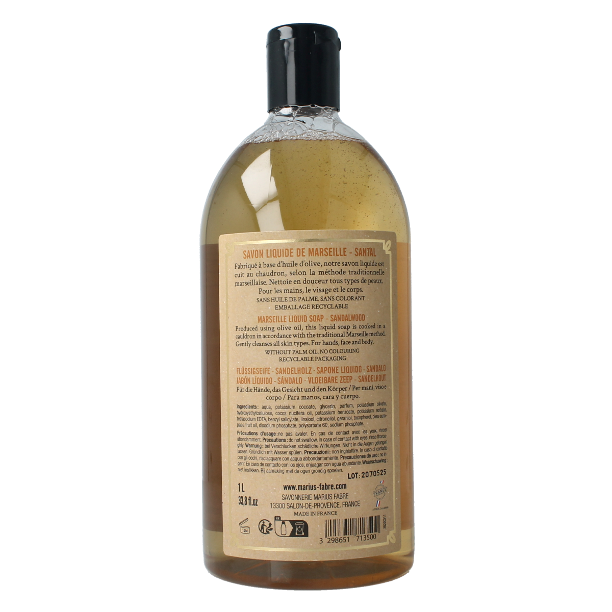 Marius Fabre Zeep sandelhout navulling 1 liter bottle with natural sandalwood scent and label.