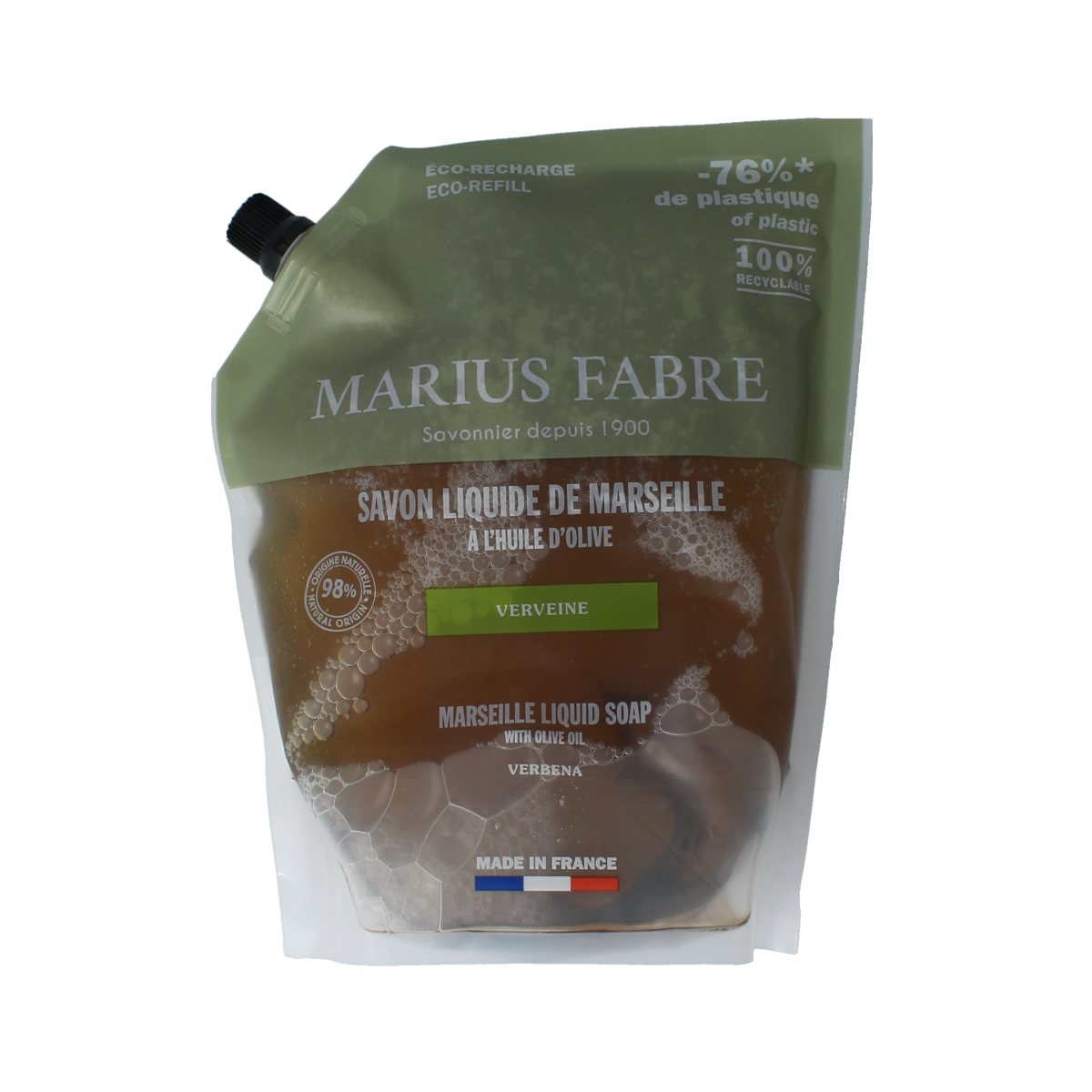 Marius Fabre verbena soap refill bottle, 1 liter, natural cleaning product with fresh verbena scent