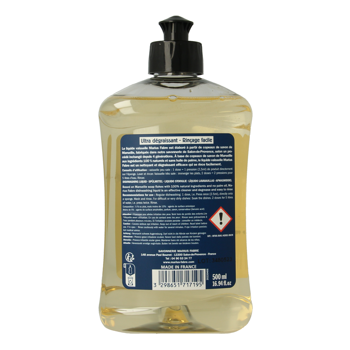 Marius Fabre Marseille grapefruit dish soap in a 500ml bottle, natural cleaning product for effective dishwashing.