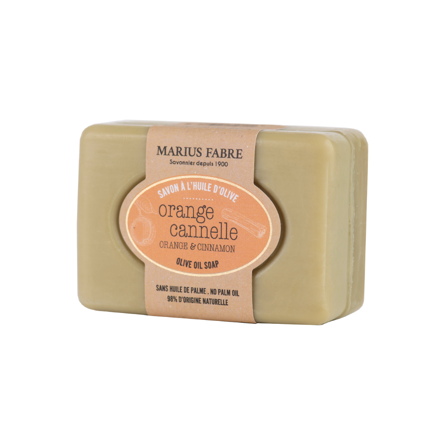 Marius Fabre orange cinnamon soap bar, 100g, with orange and cinnamon ingredients, showcasing natural soap texture and packaging.