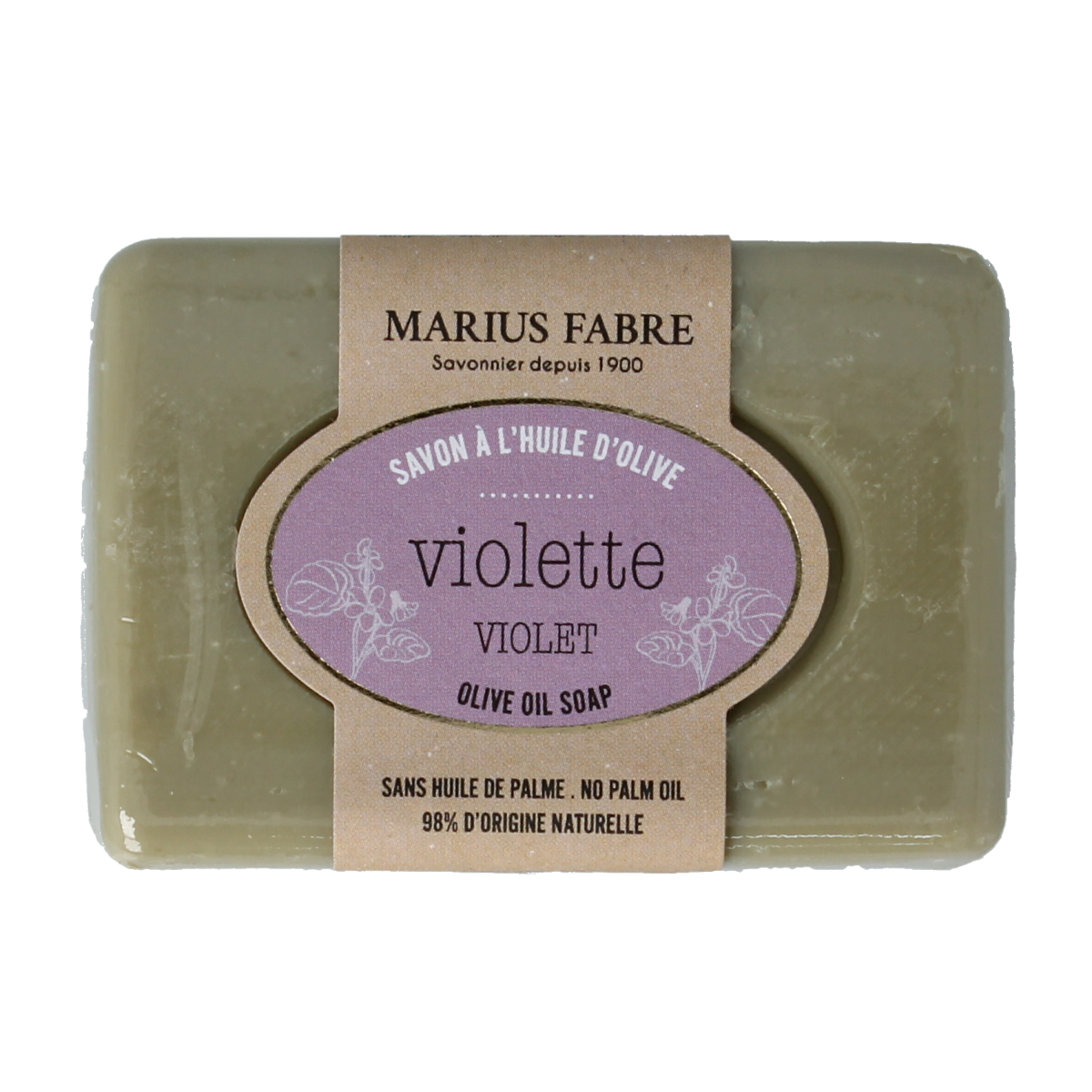 Marius Fabre violet soap bar with olive oil, 100 grams, showing the colorful packaging and the soap inside.