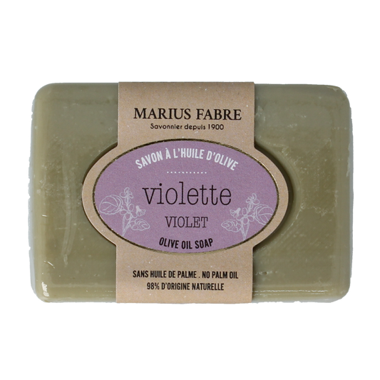 Marius Fabre violet soap bar with olive oil, 100 grams, showing the colorful packaging and the soap inside.