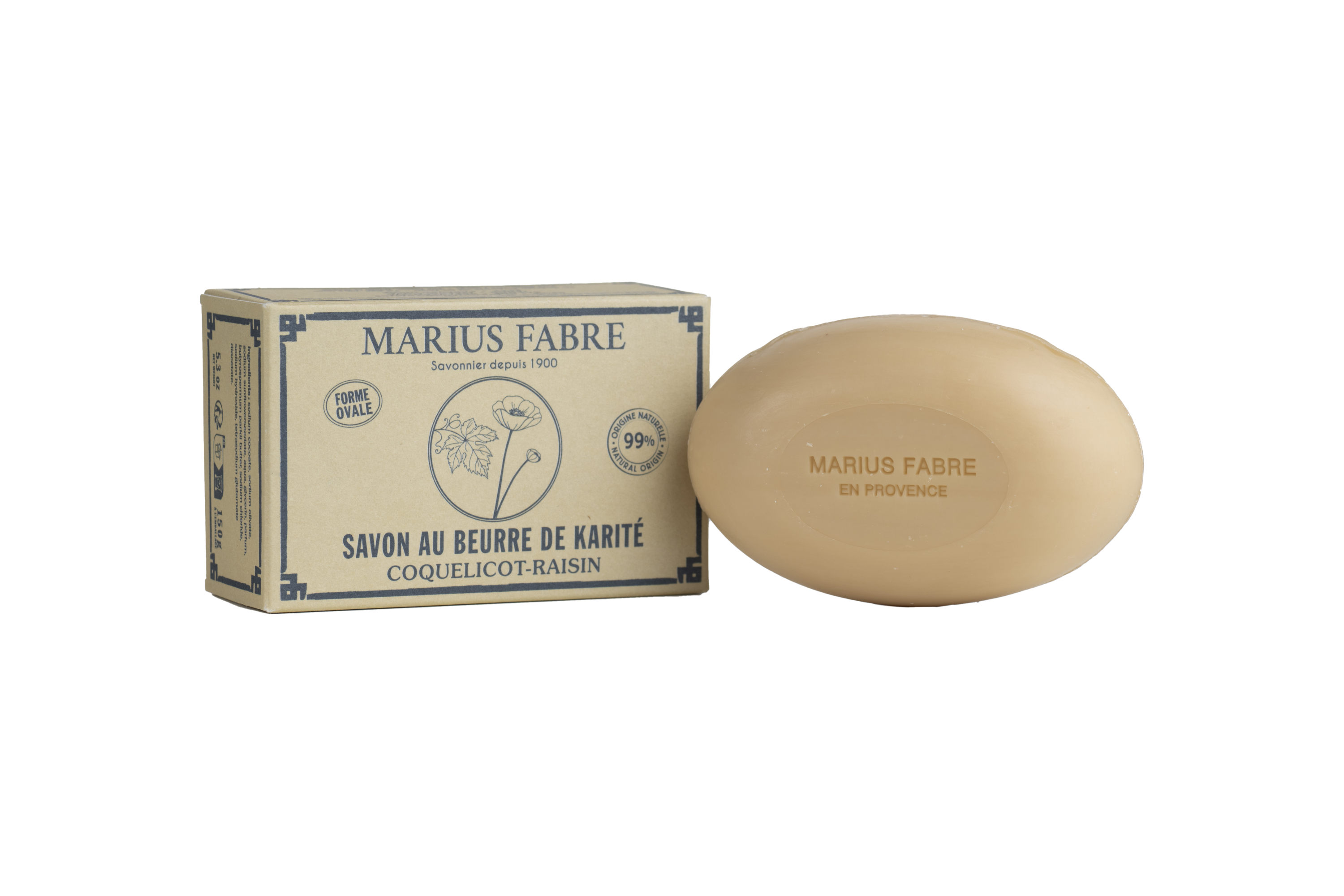 Marius Fabre Zeep ovaal papaver druif soap in a 150g oval shape with poppy and grape scent, shown in the image.