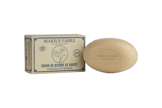 Marius Fabre Zeep ovaal papaver druif soap in a 150g oval shape with poppy and grape scent, shown in the image.