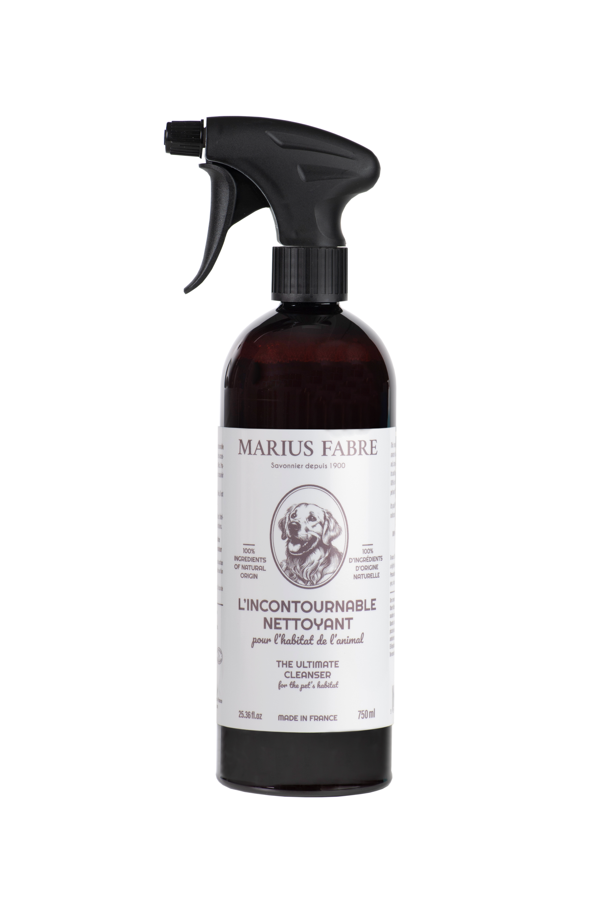 Marius Fabre spray for cleaning dog living environment, 750ml, natural cleaning product for pet-safe hygiene.