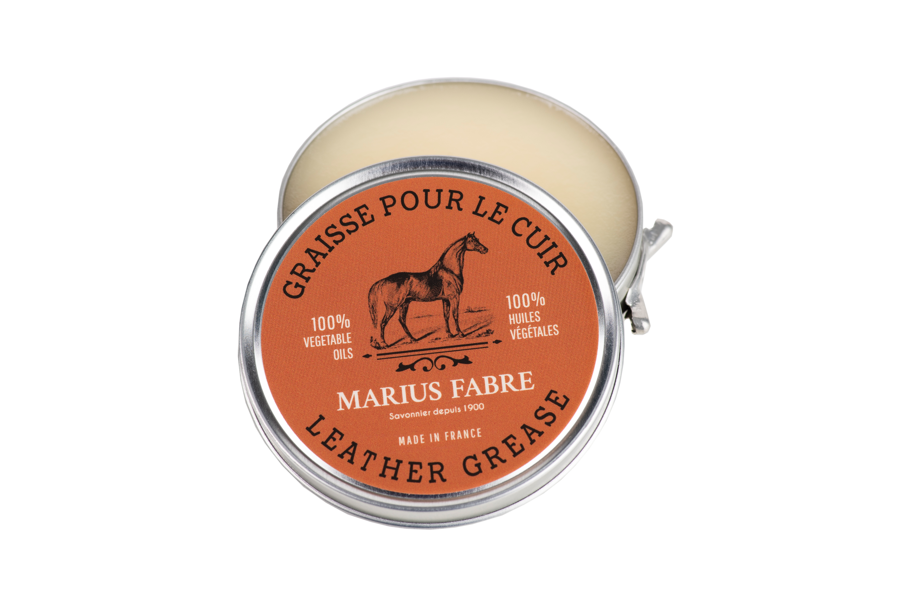 Marius Fabre Paard ledervet in blikje, 100ml, cleaning product for leather shoes and accessories with natural ingredients.