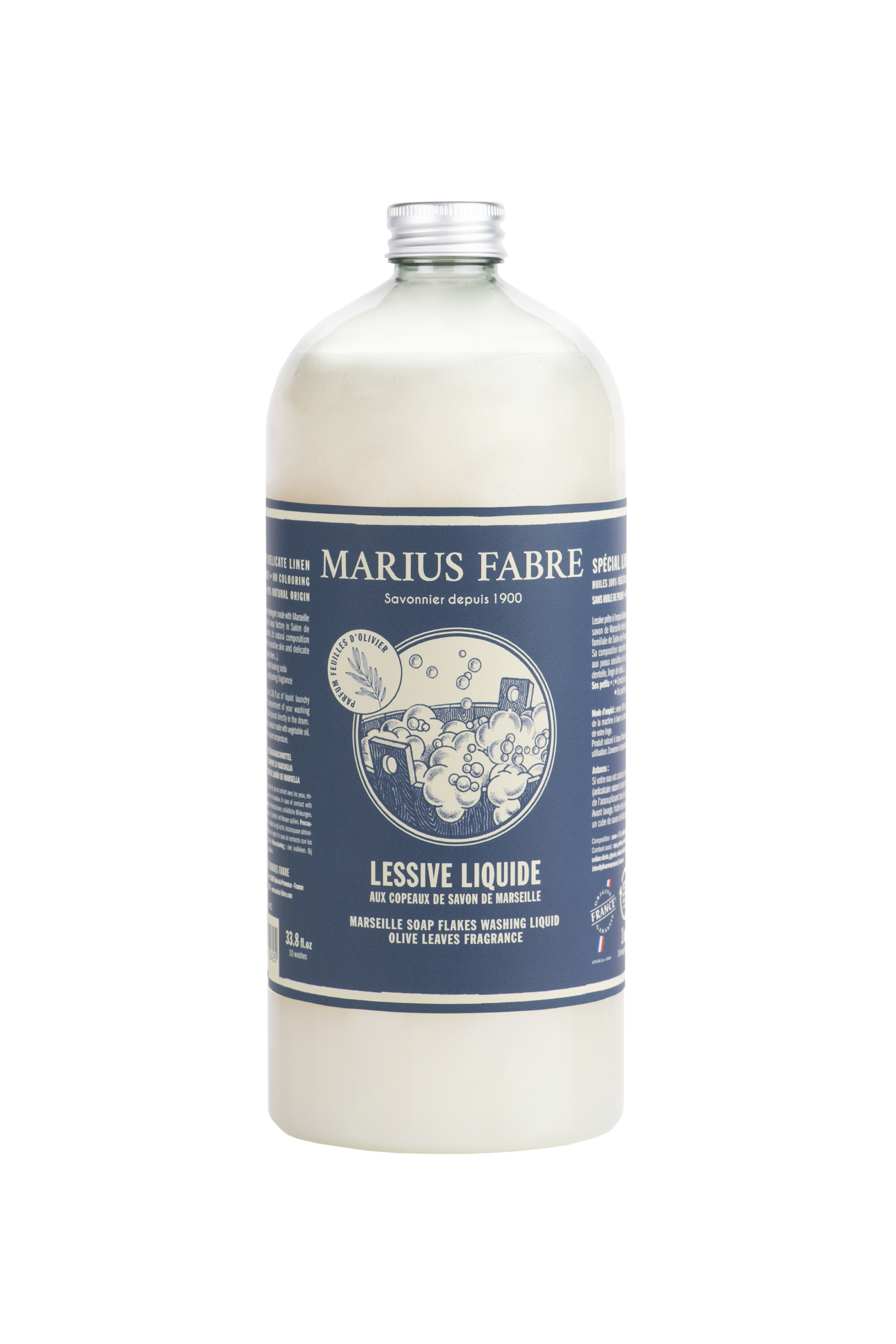 Marius Fabre Savon Marseille olive leaf scented laundry soap flakes in 1-liter bottle, natural wasmiddel with traditional olive fragrance.