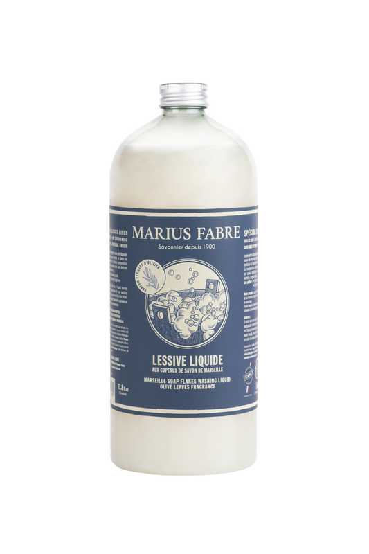 Marius Fabre Savon Marseille olive leaf scented laundry soap flakes in 1-liter bottle, natural wasmiddel with traditional olive fragrance.