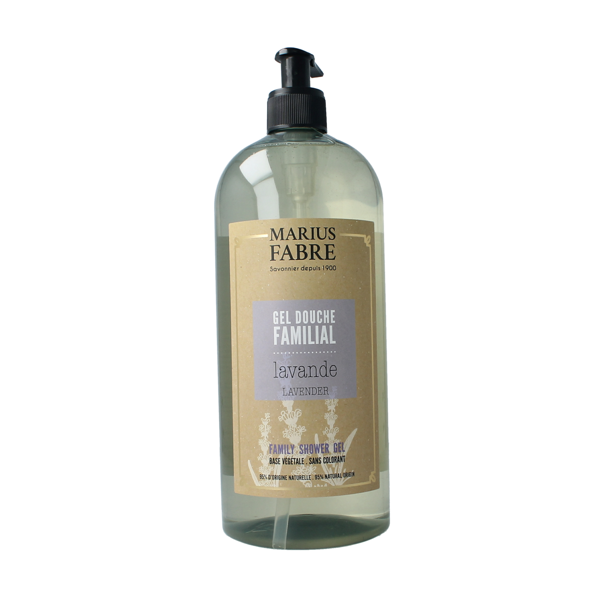 Marius Fabre lavender shower gel in 1-liter bottle, gentle bad en douche with calming lavender scent.
