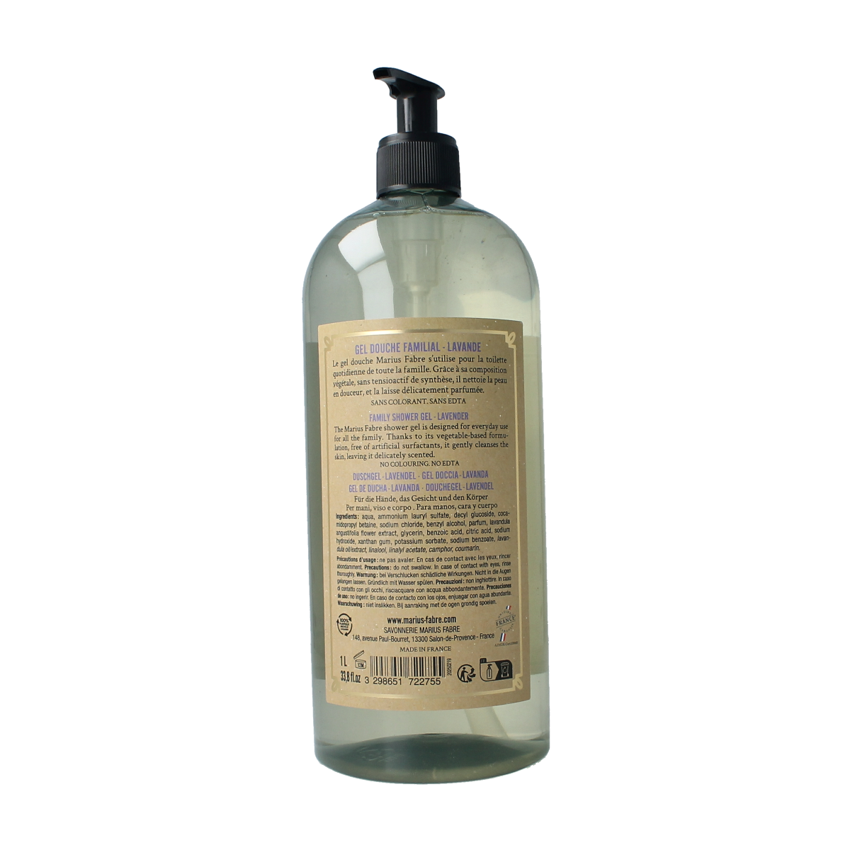 Marius Fabre lavendel douchegel in 1 liter bottle, soothing lavender scent for bath and shower use.