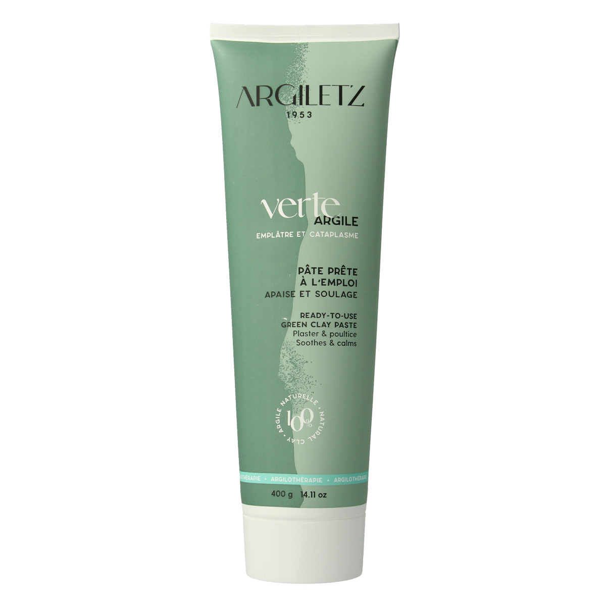 Green clay paste tube by Argiletz for body care, 400 grams, shown in a close-up image.