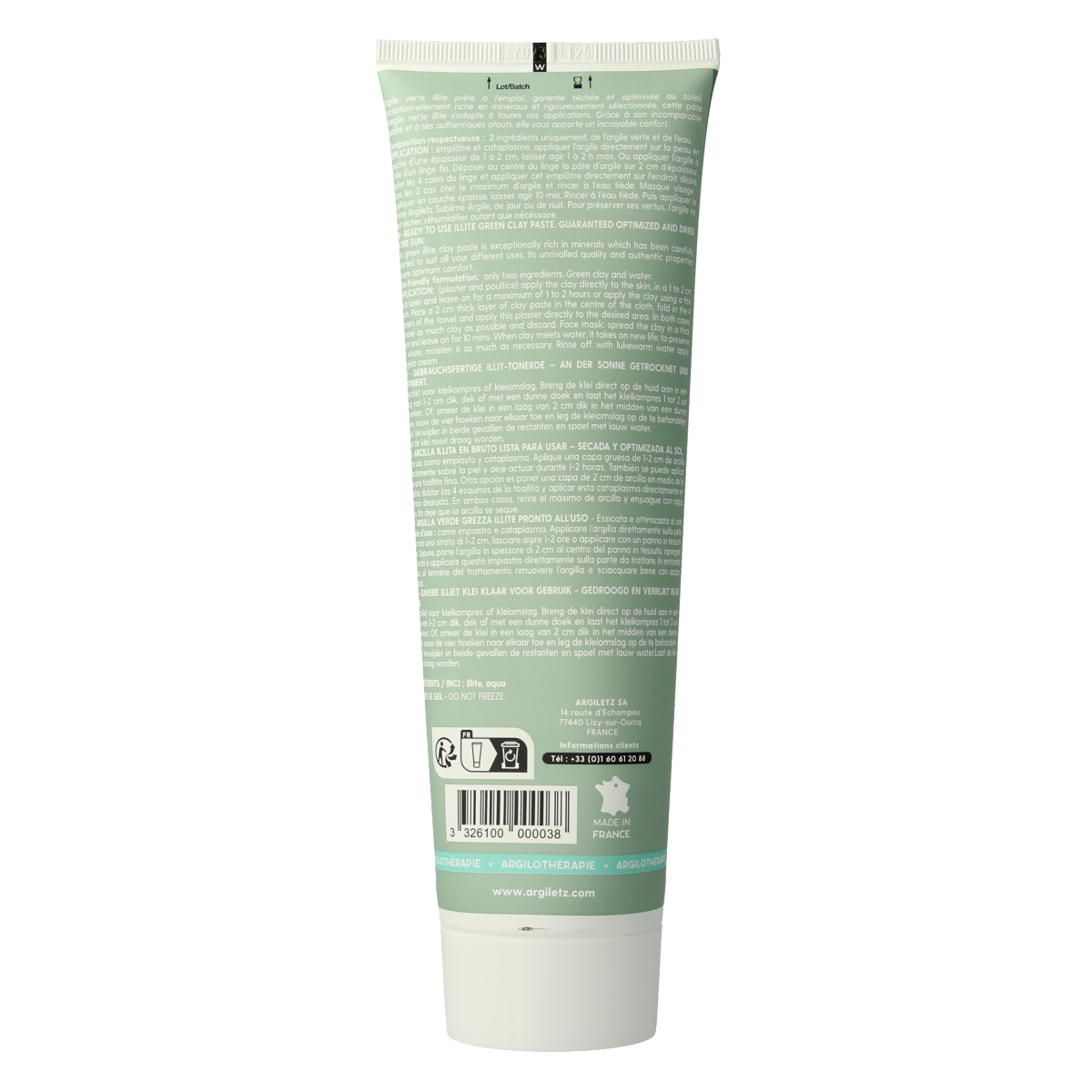 Green Argiletz clay paste tube for body care, 400 grams, with a close-up of the tube showing the packaging.