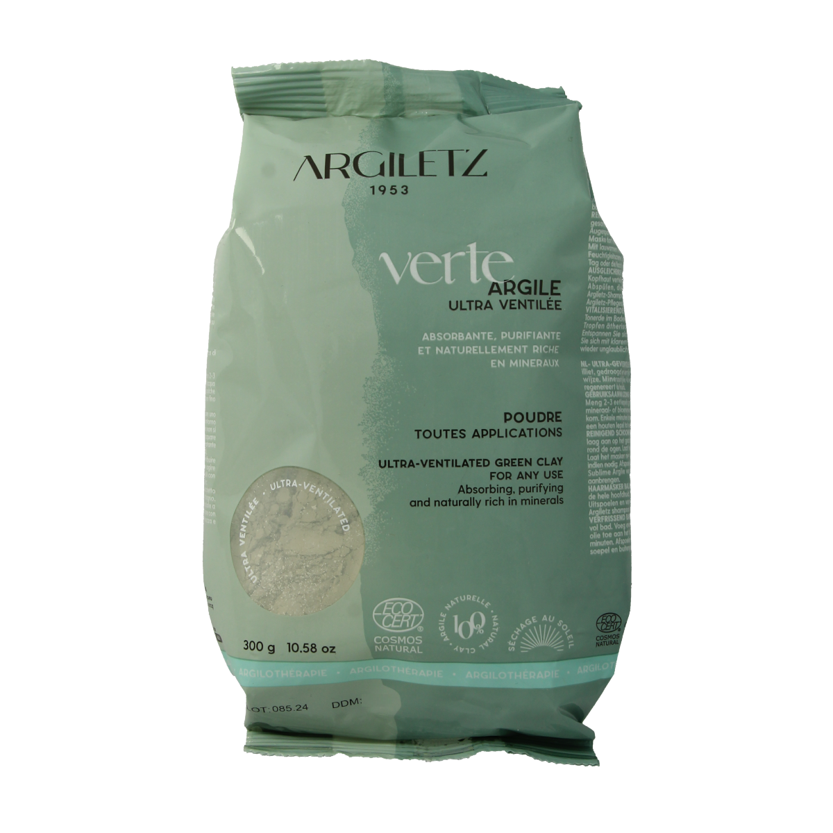 Fine green clay from Argiletz for body care, packaged in a 300g container, ideal for skin treatments and natural wellness.