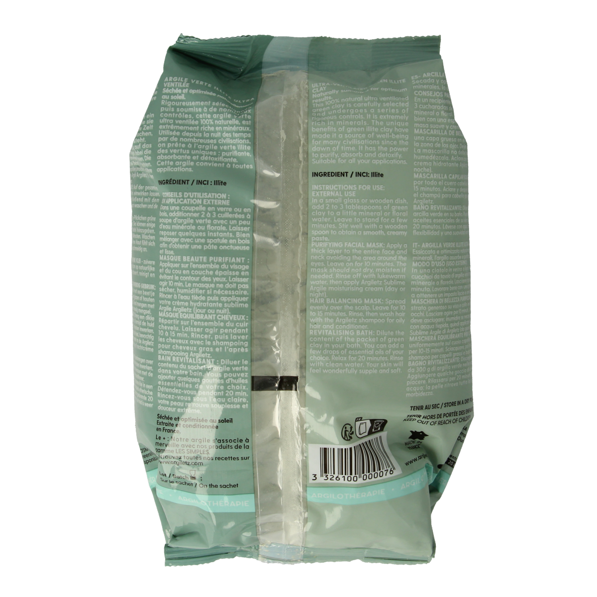 Green Argiletz ultrafine clay for body care in a 300g package, natural skincare product from Argiletz.