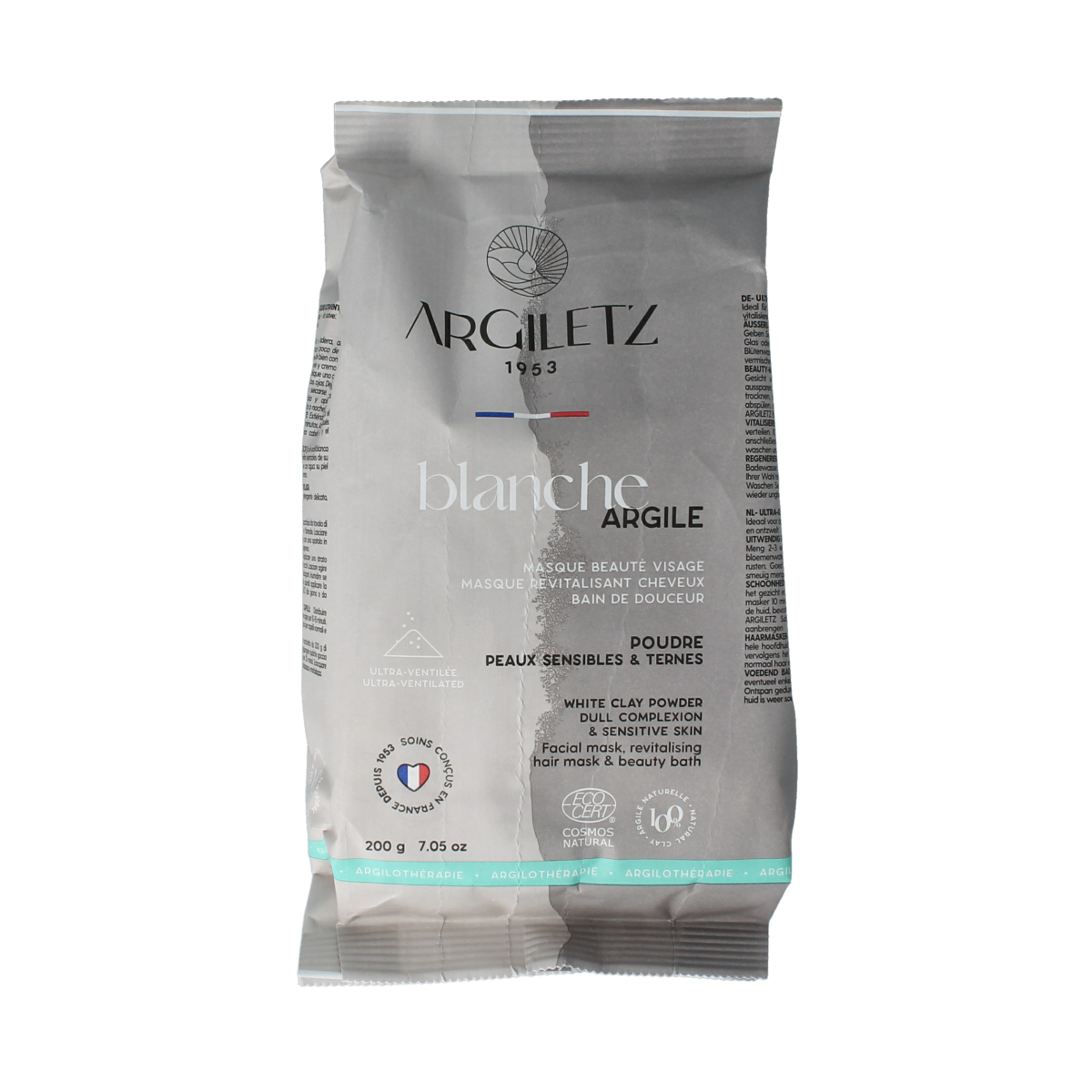 White Argiletz superfine clay in a 200g package for body care, shown in a close-up image with clay powder.