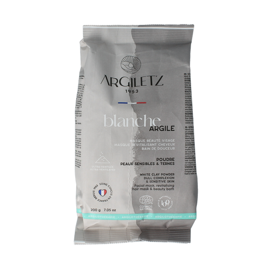 White Argiletz superfine clay in a 200g package for body care, shown in a close-up image with clay powder.