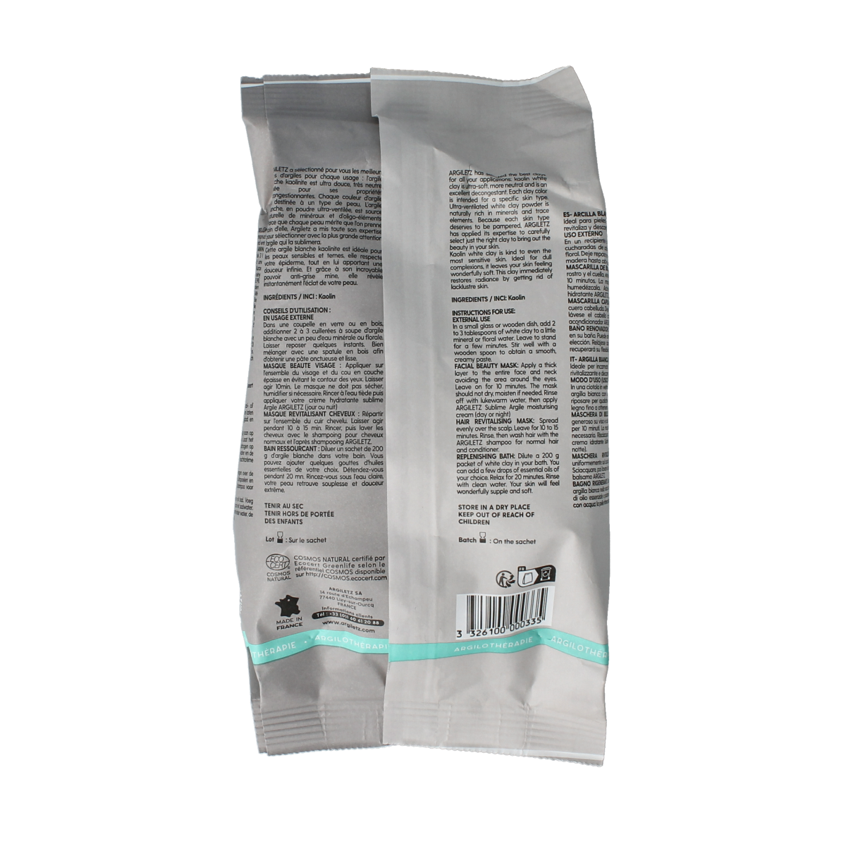 Argiletz superfijn witte klei in 200g package, natural body care clay, with a close-up of the product packaging.